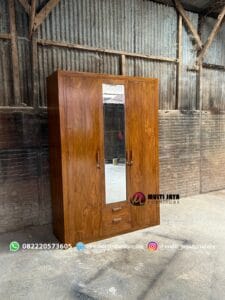 Lemari Pakaian Kayu Jati Premium 3 Pintu dengan Cermin
