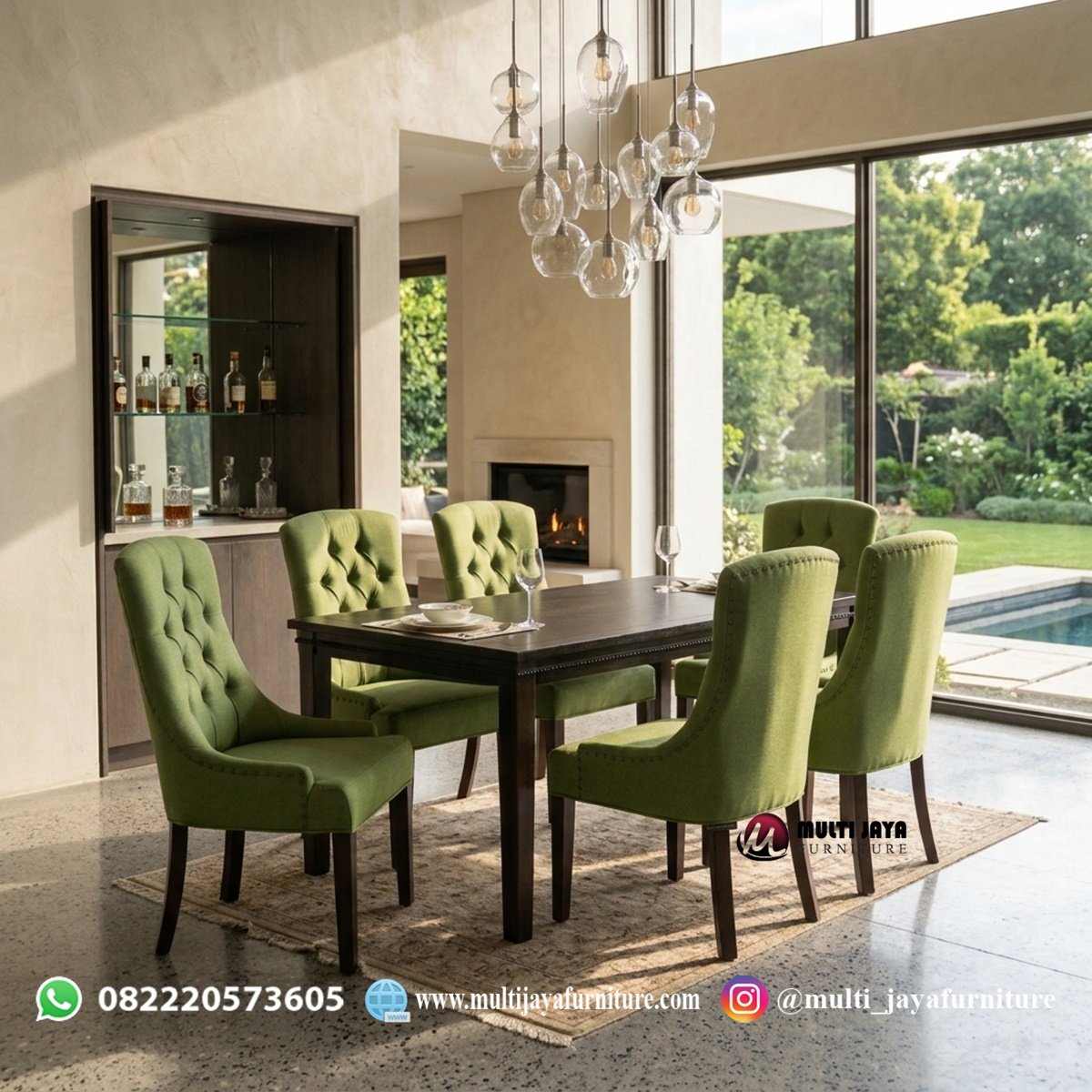 Set meja makan jati mewah custom 6 kursi warna hijau zaitun di ruang makan villa mewah modern dengan pemandangan kolam renang.